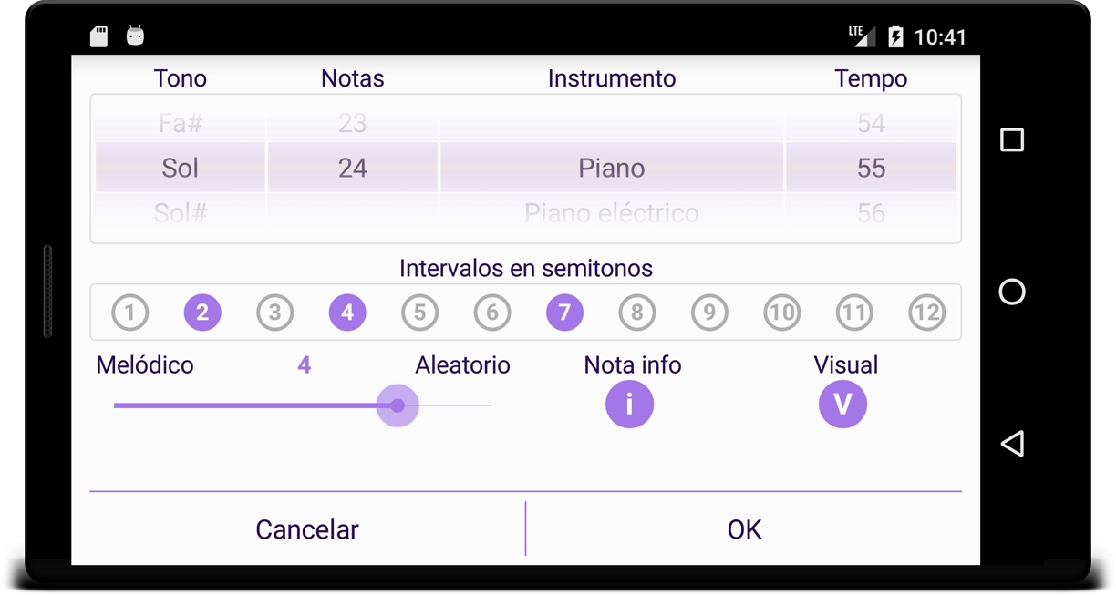 Pantalla de Ajustes - Dictado Musical - Entrenamiento del oído con notación musical Dictado Musical - Entrenamiento del oído con notación musical - Pantalla de Ajustes