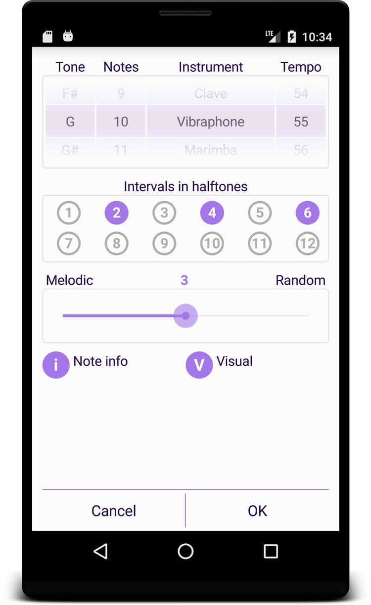 Musical Dictation settings screen