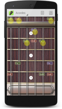 Acordes - Guitar Droid - Guitarra multitáctil configurable para Android Guitar Droid acordes - Guitarra multitáctil configurable para Android - Mástil con seis trastes en modo acordes
