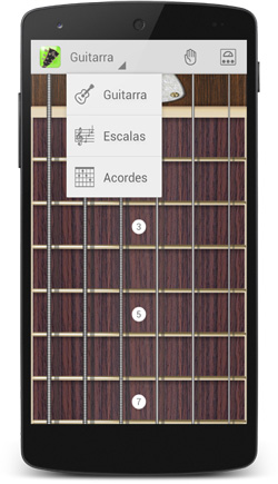 Menú superior - Guitar Droid - Guitarra multitáctil configurable para Android Guitar Droid - Guitarra multitáctil configurable para Android - Mástil con seis trastes y menú superior